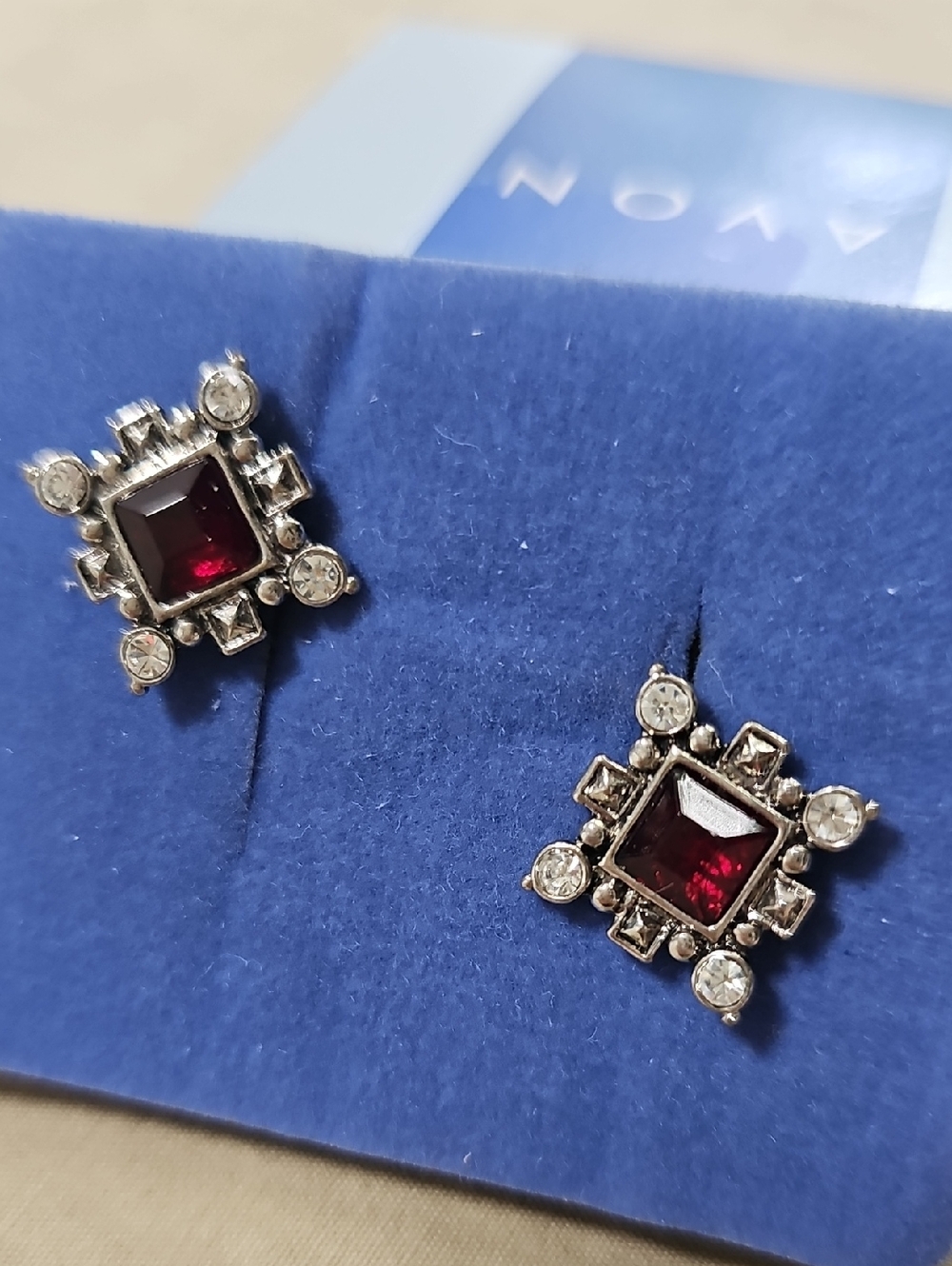 Vintage Avon Garnet Color Square Stud Earrings with Clear Accents